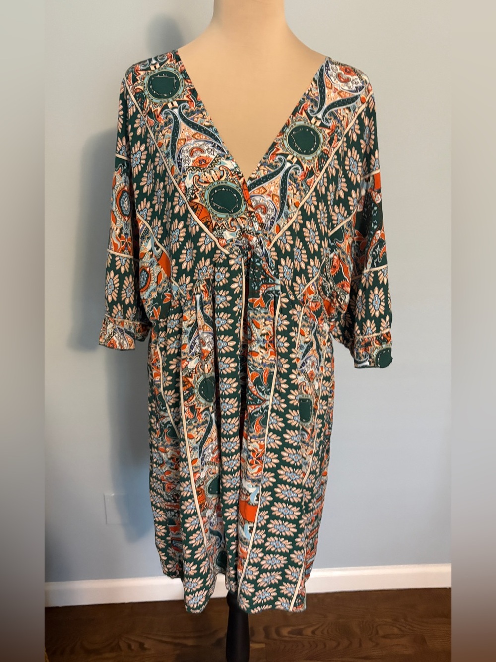 Bohemian V-Neck Midi Dress in Green and Orange